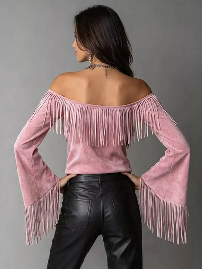 Full Size Fringed Off-Shoulder Flare Sleeve Top Plus Size by Trendsi