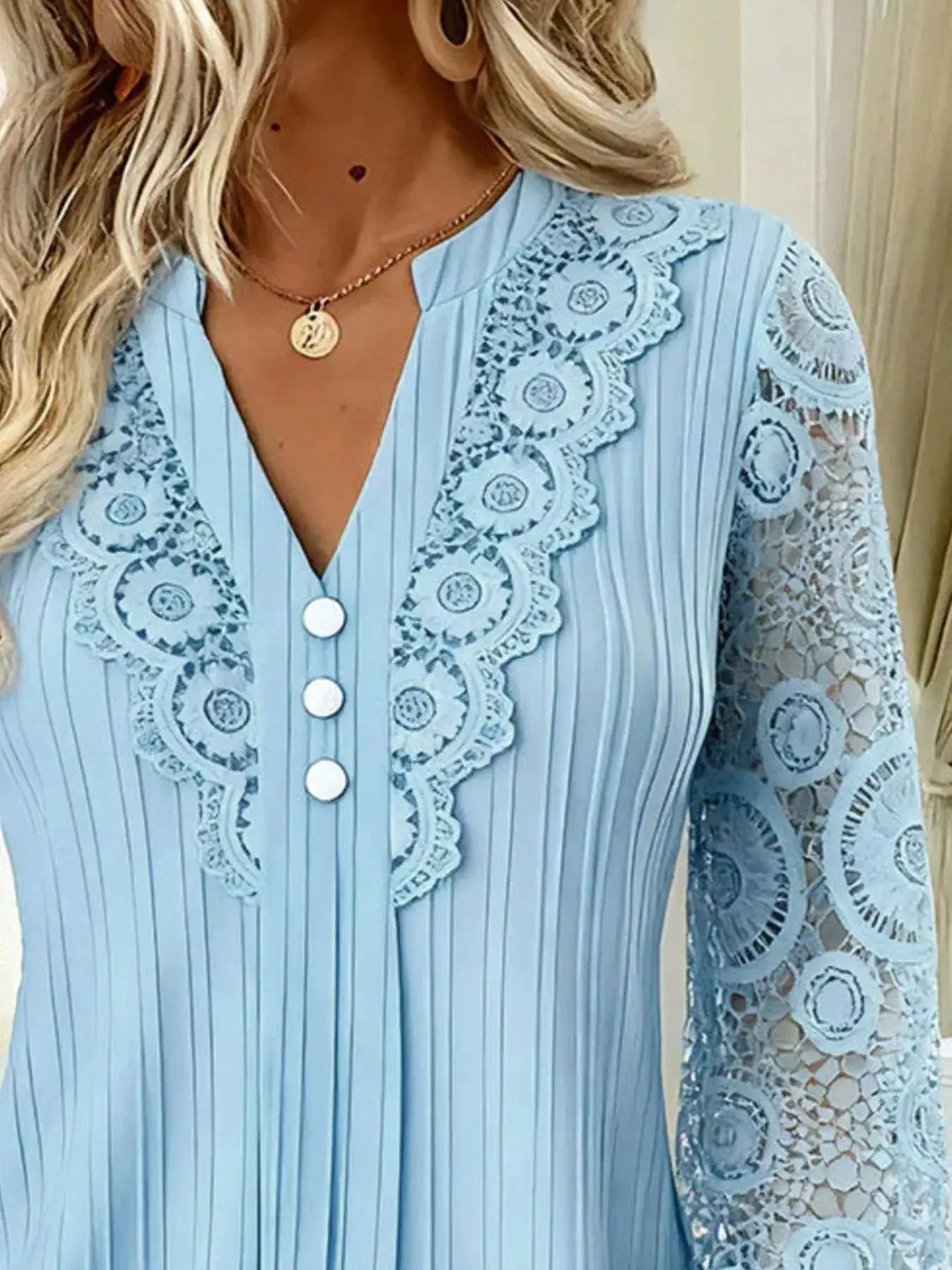 Lace Long Sleeve Notched Blouse by Trendsi