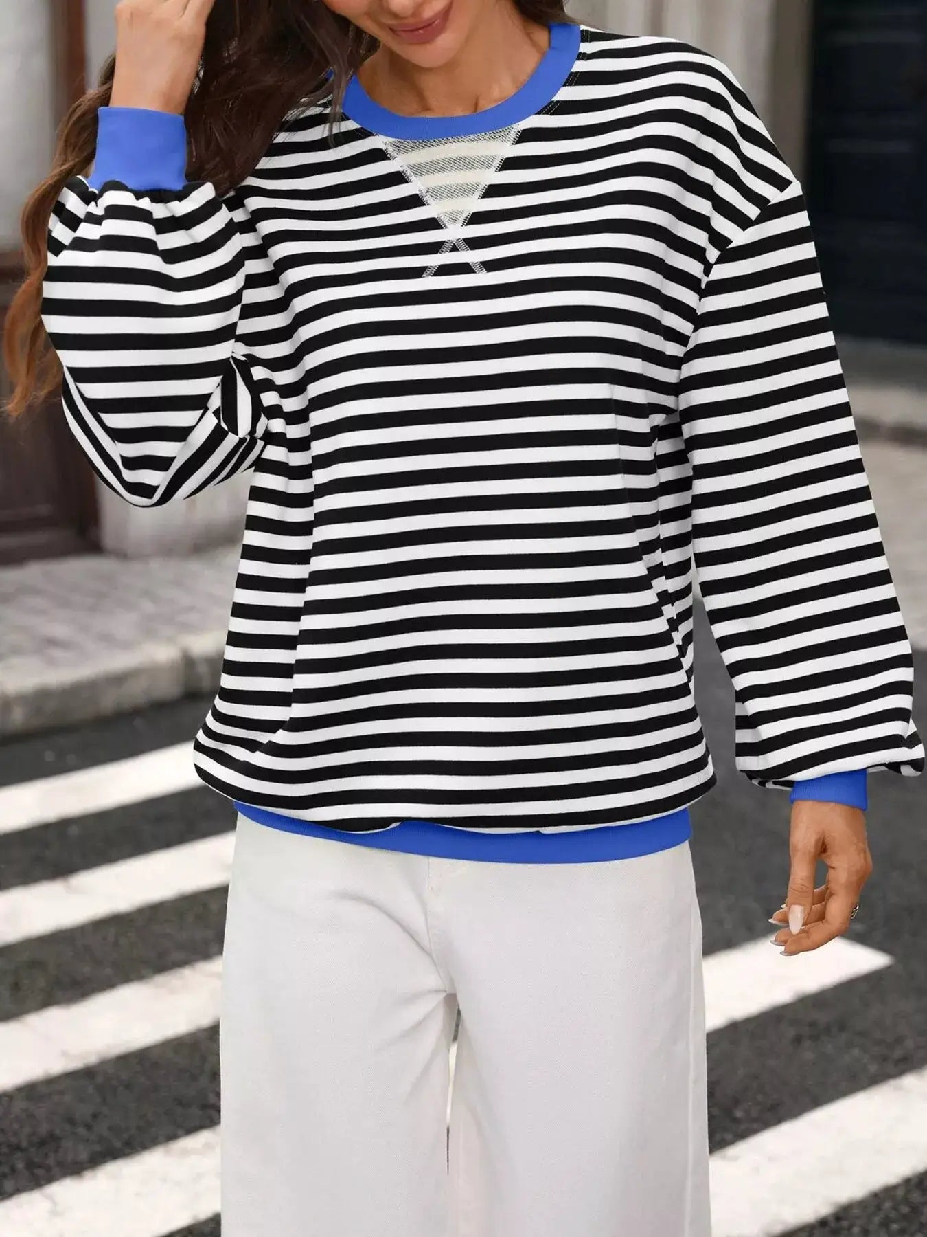 Contrast Trim Striped Crew Neck Sweatshirt by Trendsi
