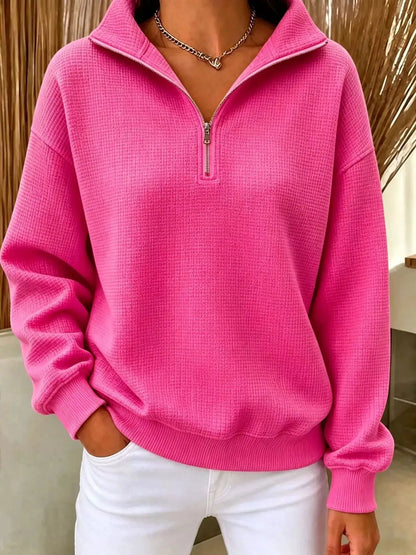 Full Size Waffle Knit Quarter-Zip Sweatshirt Plus Size by Trendsi