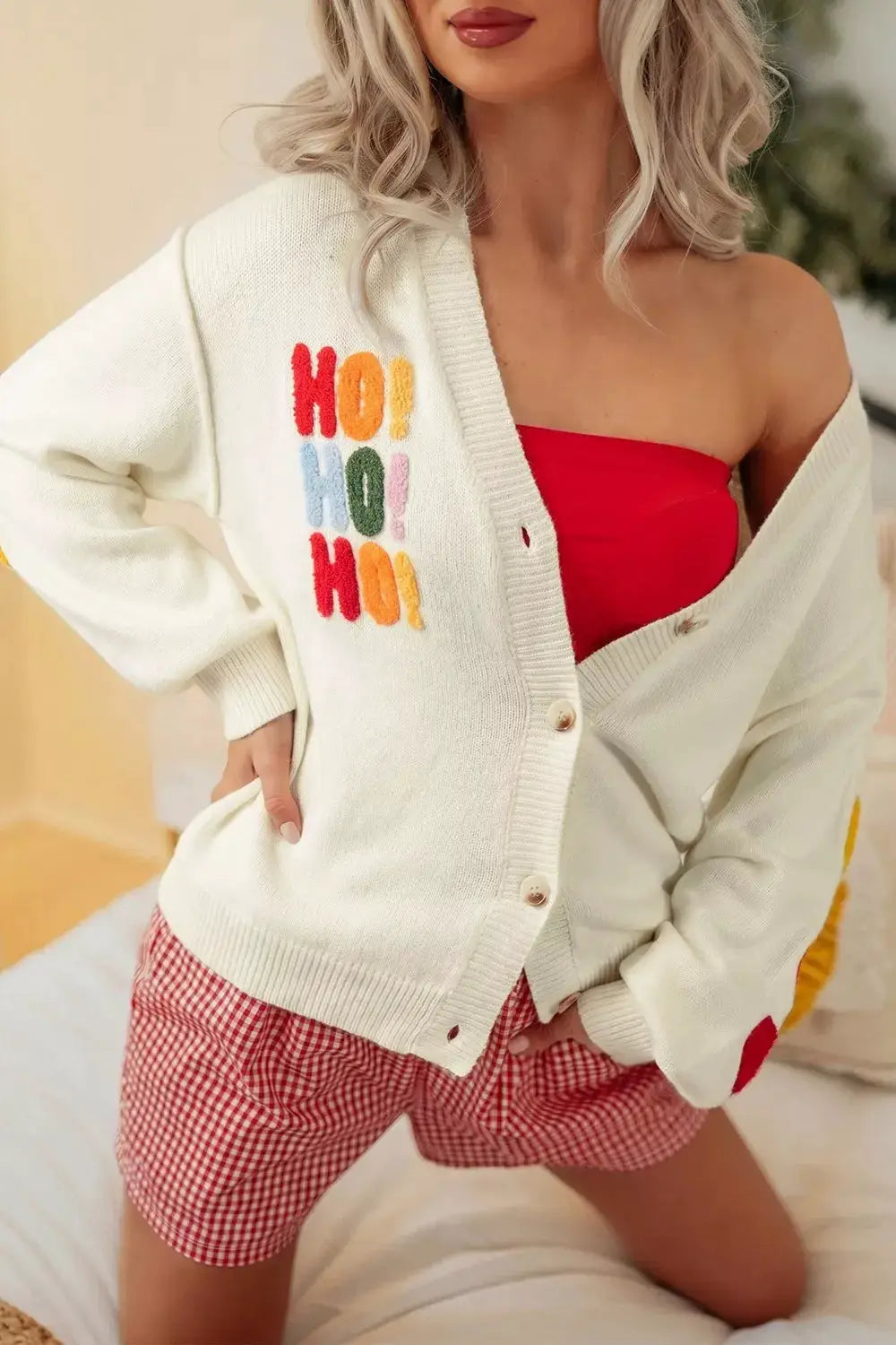 'HO HO HO' Button Up Knit Cardigan by Trendsi