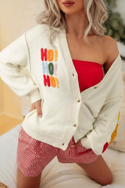 'HO HO HO' Button Up Knit Cardigan by Trendsi