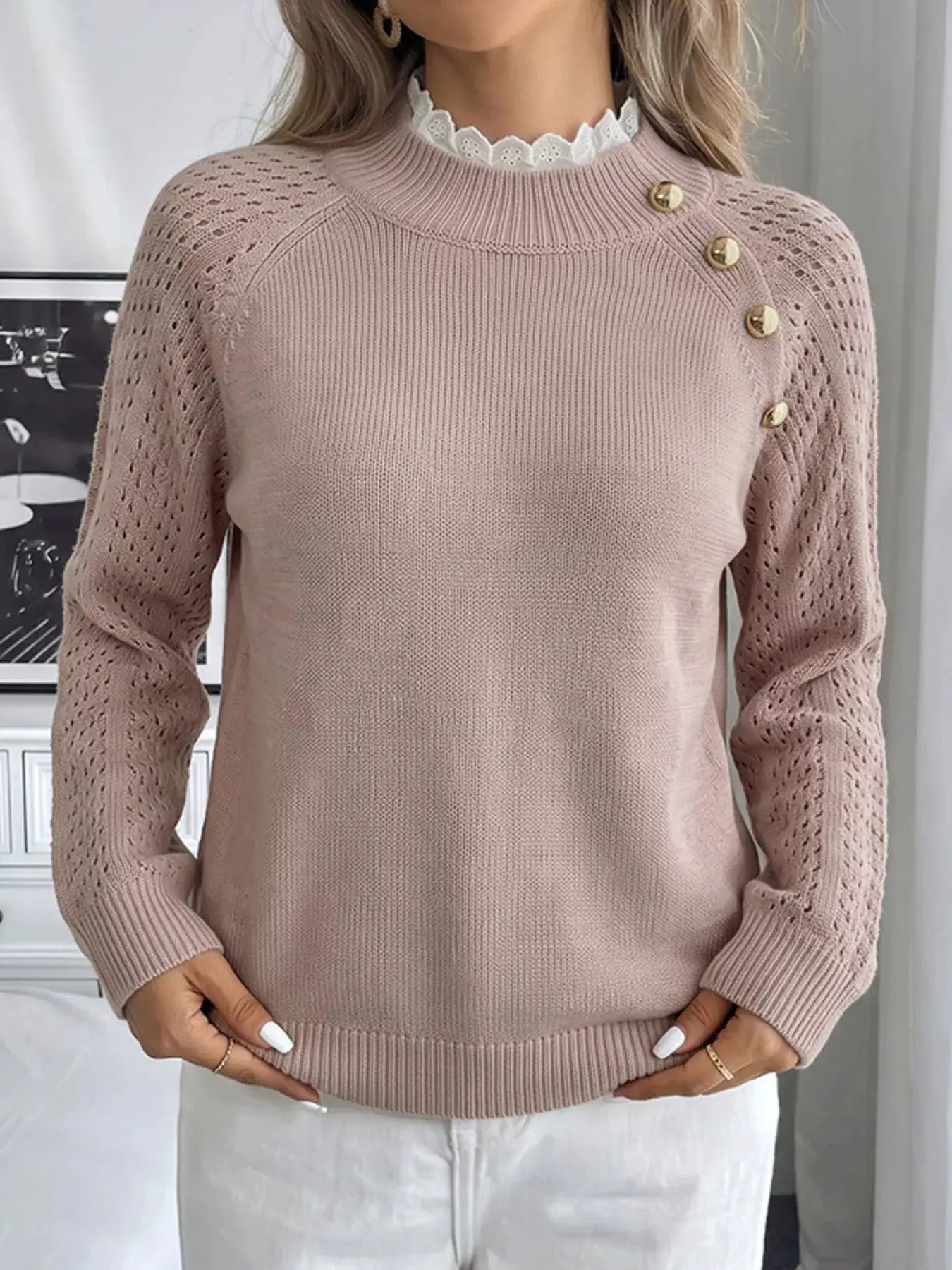 Openwork Mock Neck Sweater by Trendsi
