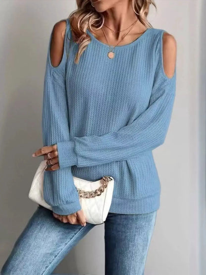 Solid Color Cold Shoulder Long Sleeve T-Shirt by Trendsi