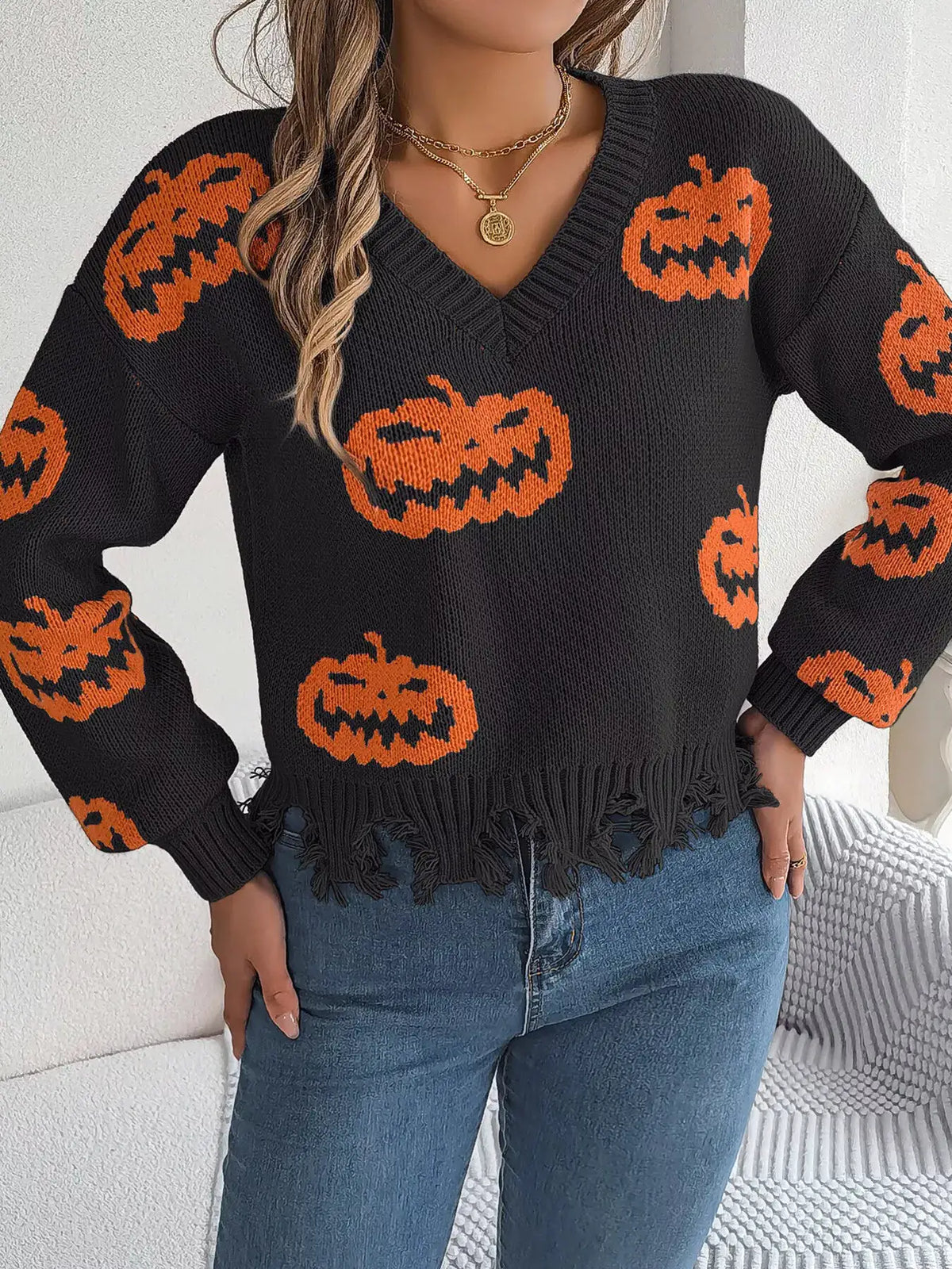 Pumpkin Distressed Hem Sweater by Trendsi