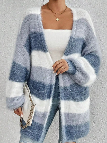 Striped Open Front Oversized Cardigan by Trendsi