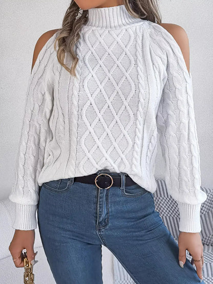 Cold-Shoulder Cable Knit Sweater by Trendsi