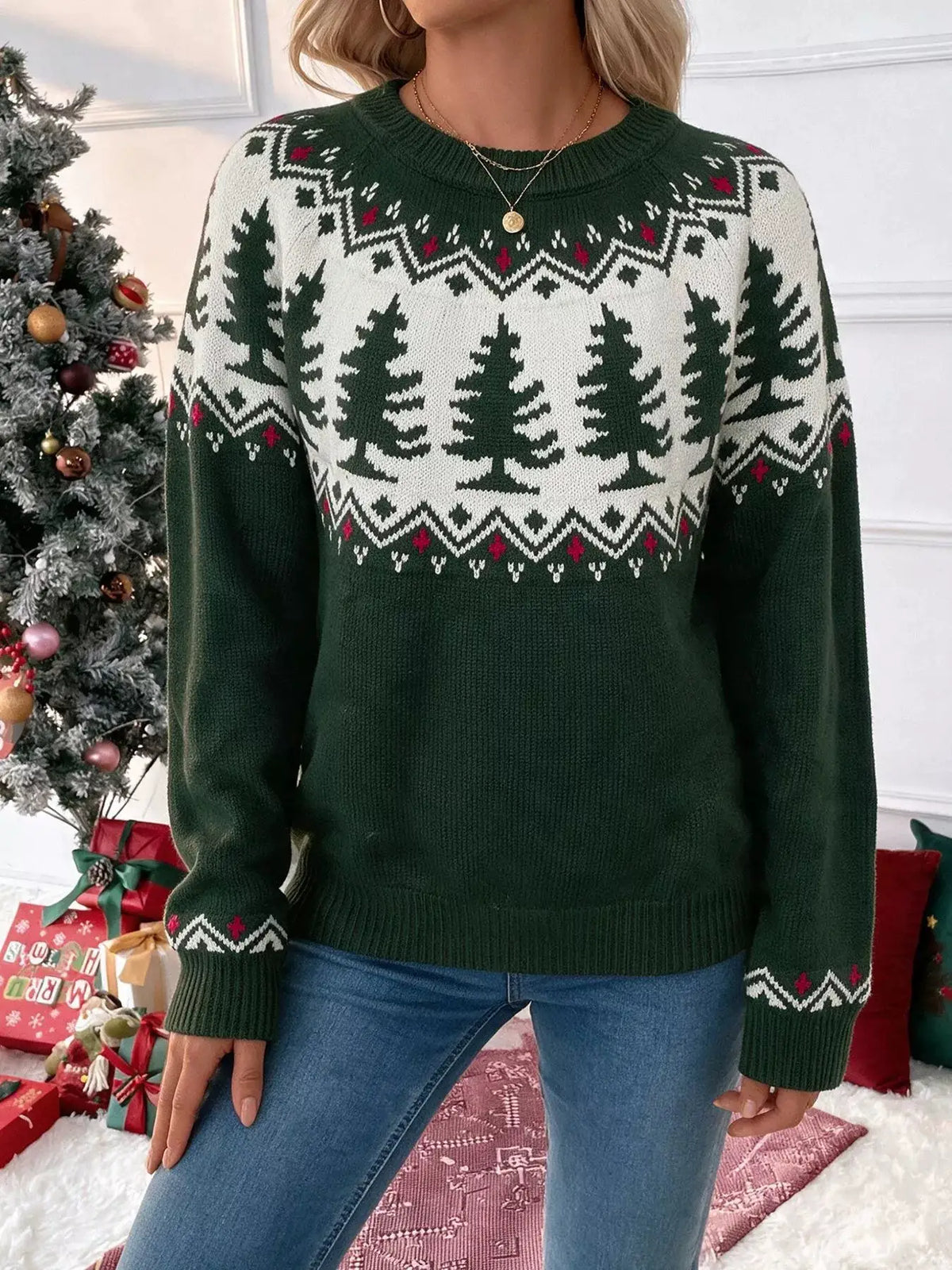 Christmas Tree Pattern Round Neck Sweater by Trendsi
