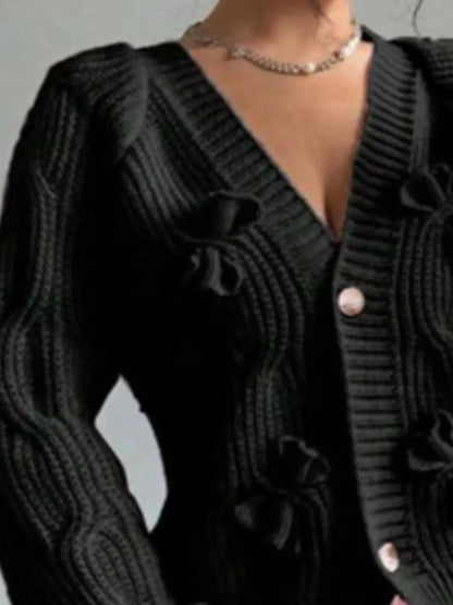 Bow Cable Knit V-Neck Cardigan by Trendsi