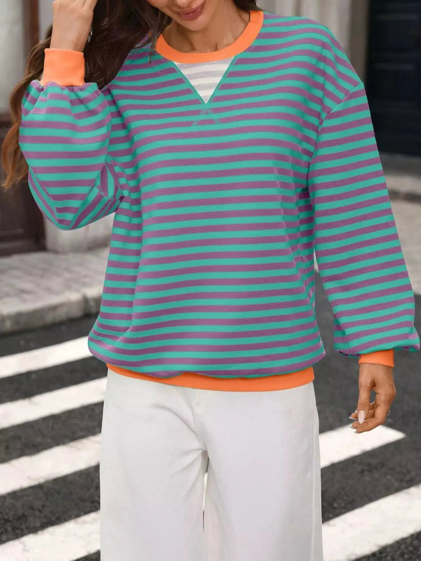 Contrast Trim Striped Crew Neck Sweatshirt by Trendsi