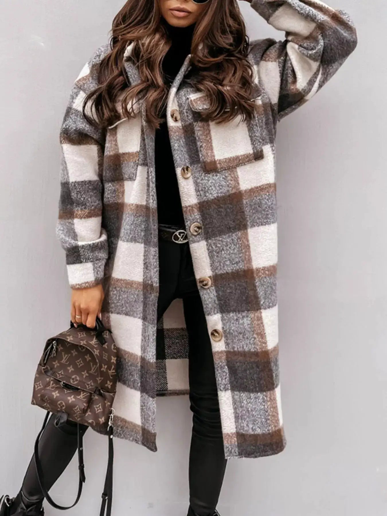 Longline Plaid Button Up Coat by Trendsi
