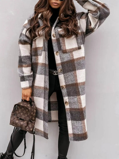 Longline Plaid Button Up Coat by Trendsi
