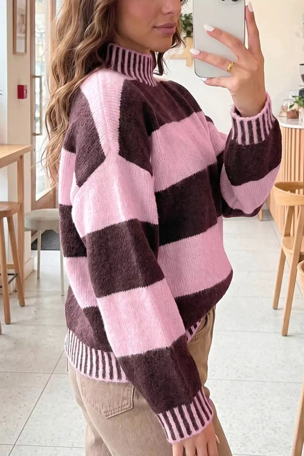 Stripe Contrast High Neck Dropped Shoulder Relaxed Sweater by Trendsi