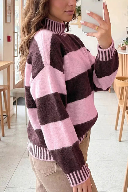 Stripe Contrast High Neck Dropped Shoulder Relaxed Sweater by Trendsi