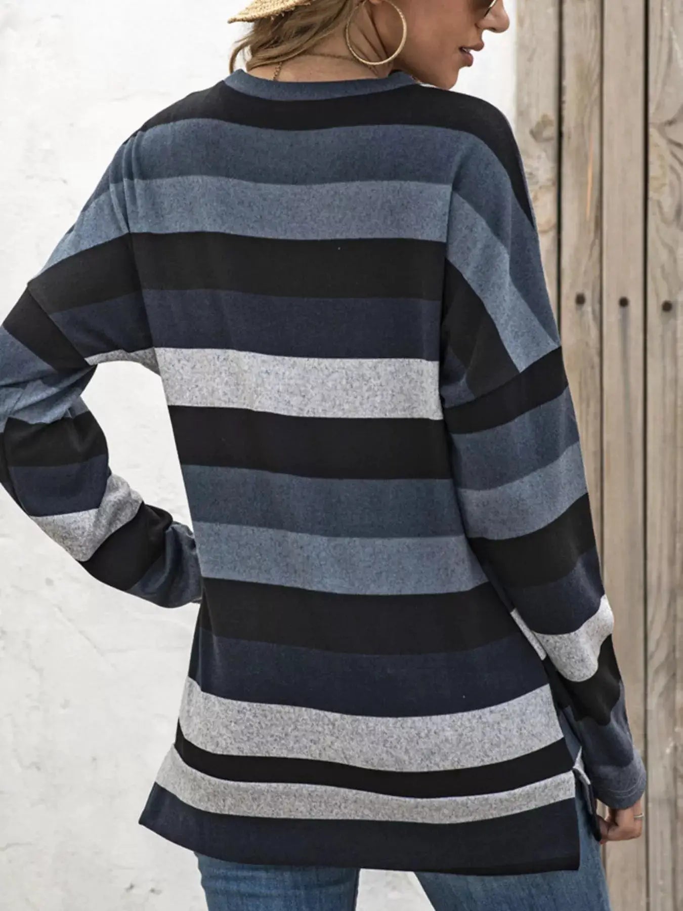 Full Size Casual Striped Long Sleeve Crew Neck Top Plus Size by Trendsi
