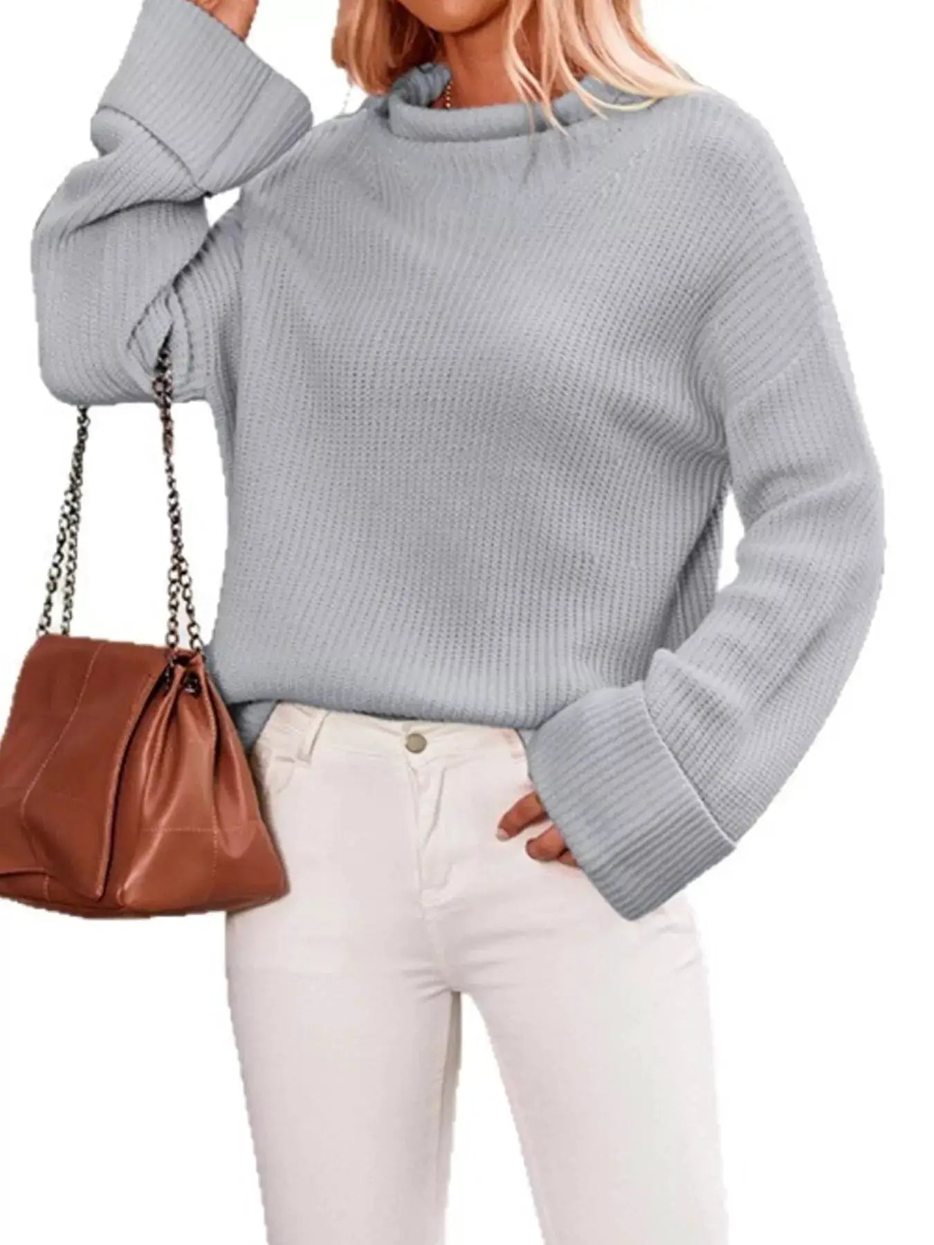 Mock Neck Dropped Shoulder Sweater by Trendsi
