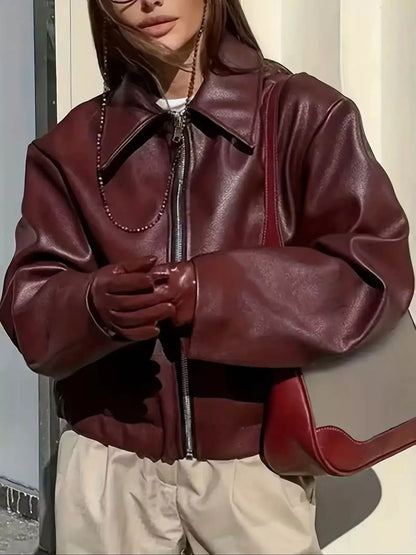Oversized Faux Leather Zip Up Moto Jacket by Trendsi