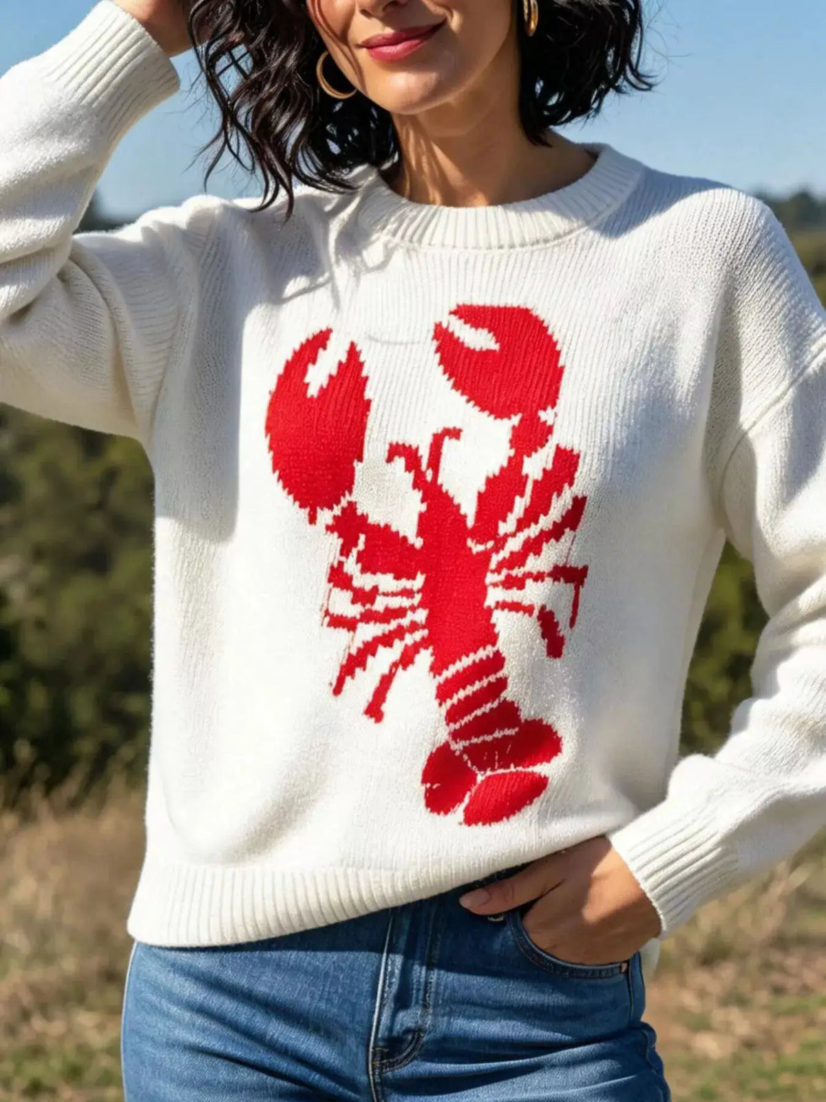 Lobster Graphic Crew Neck Sweater by Trendsi