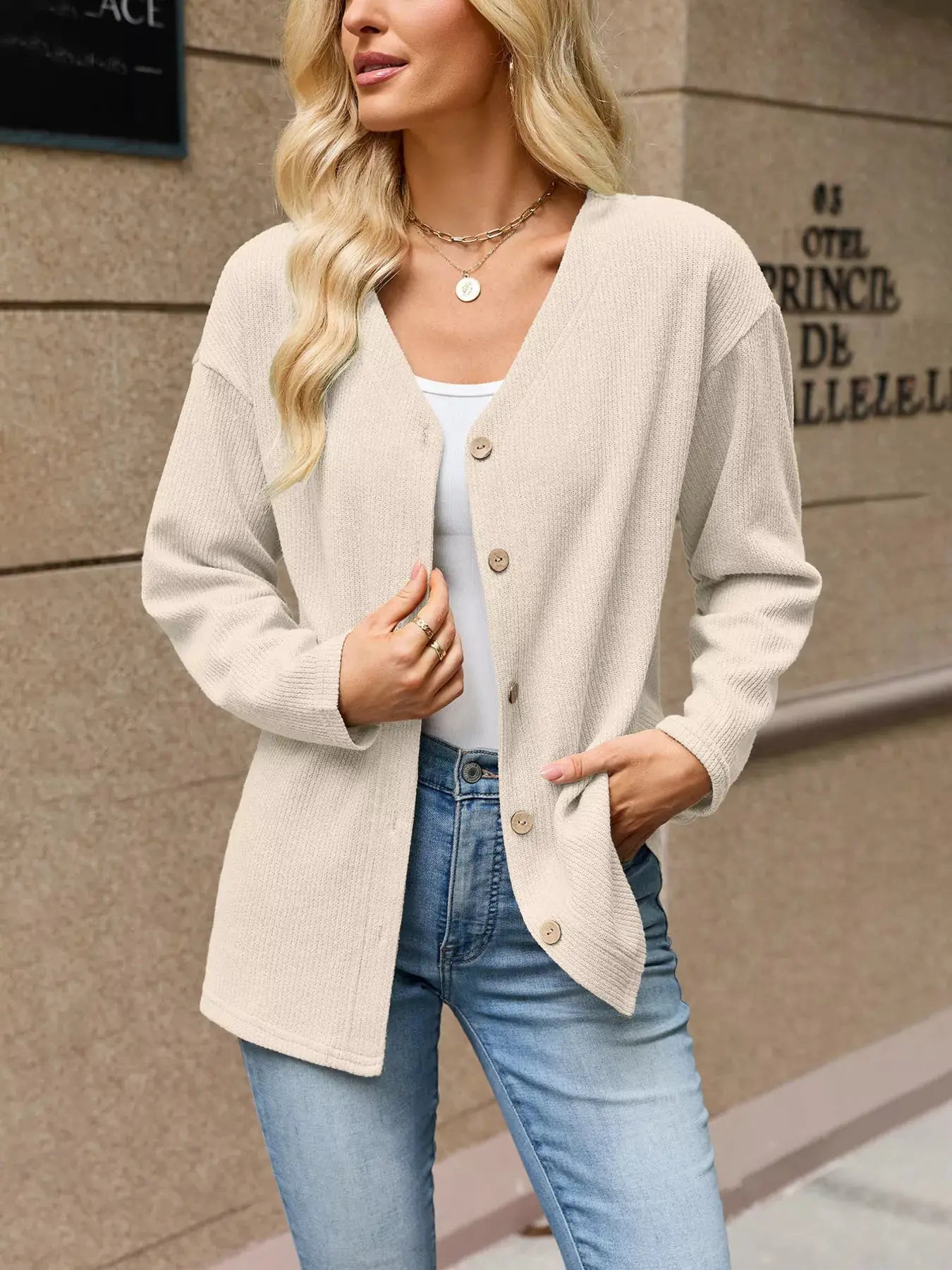 V-Neck Button-Down Cardigan by Trendsi