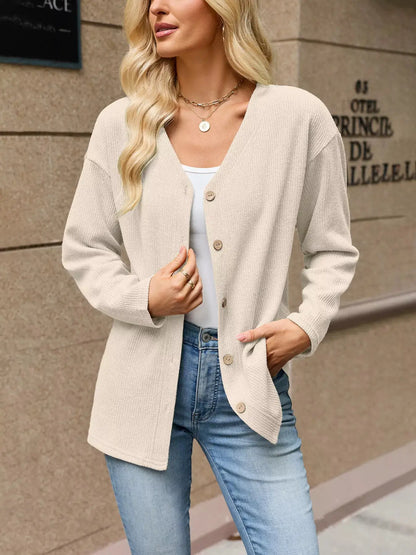 V-Neck Button-Down Cardigan by Trendsi