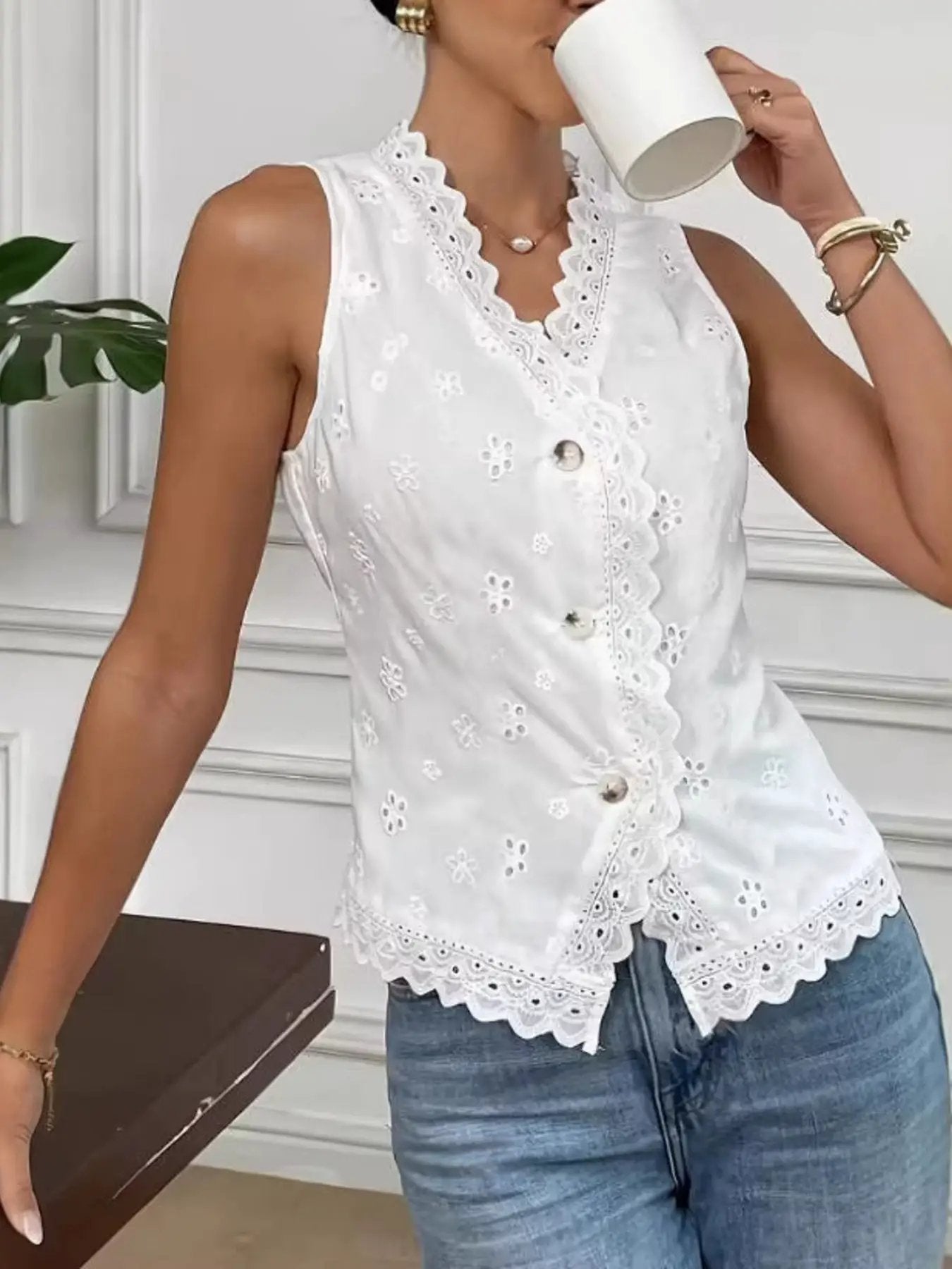 Eyelet Embroidered Button-Front Tank by Trendsi