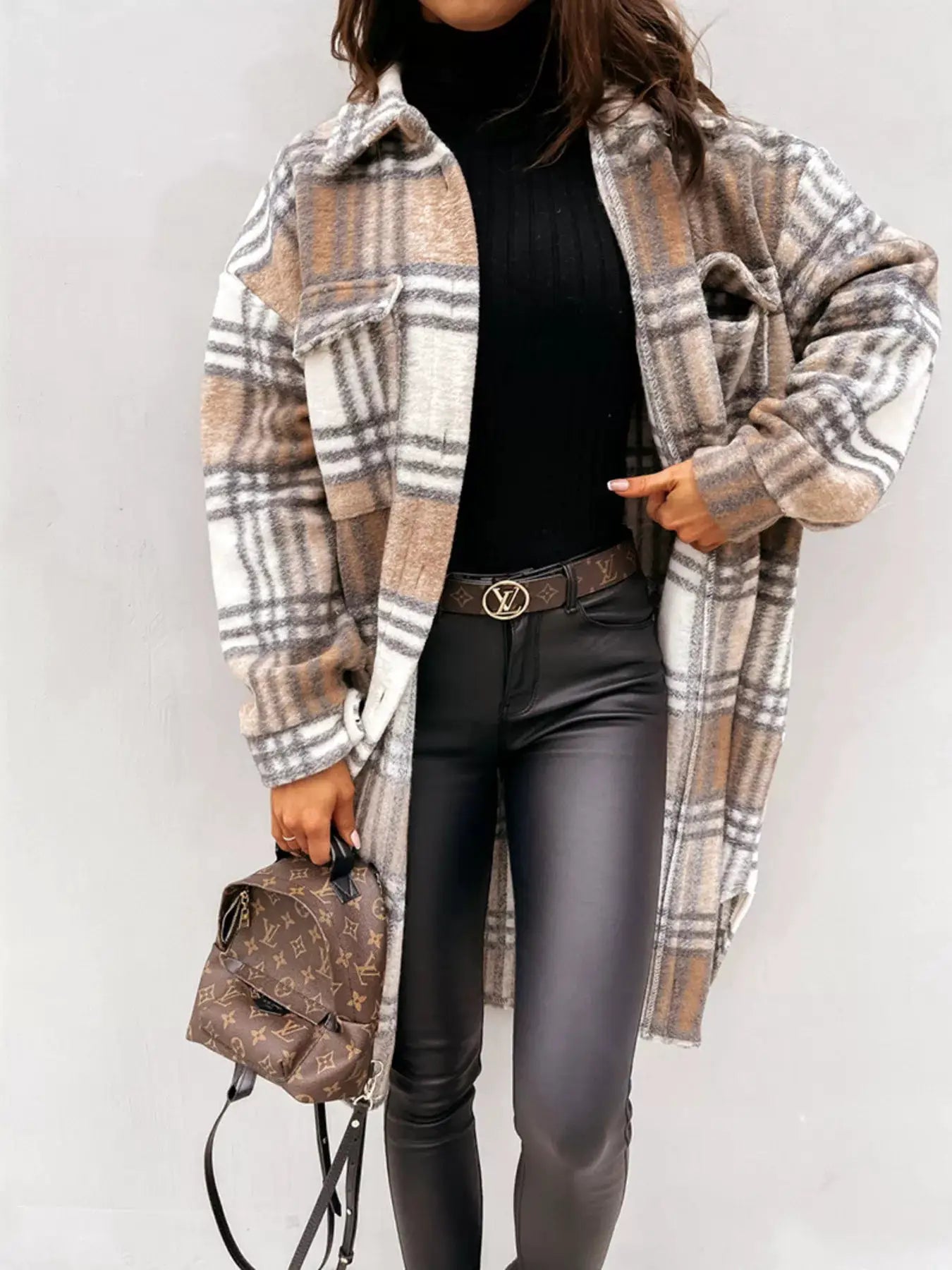 Longline Plaid Button Up Coat by Trendsi