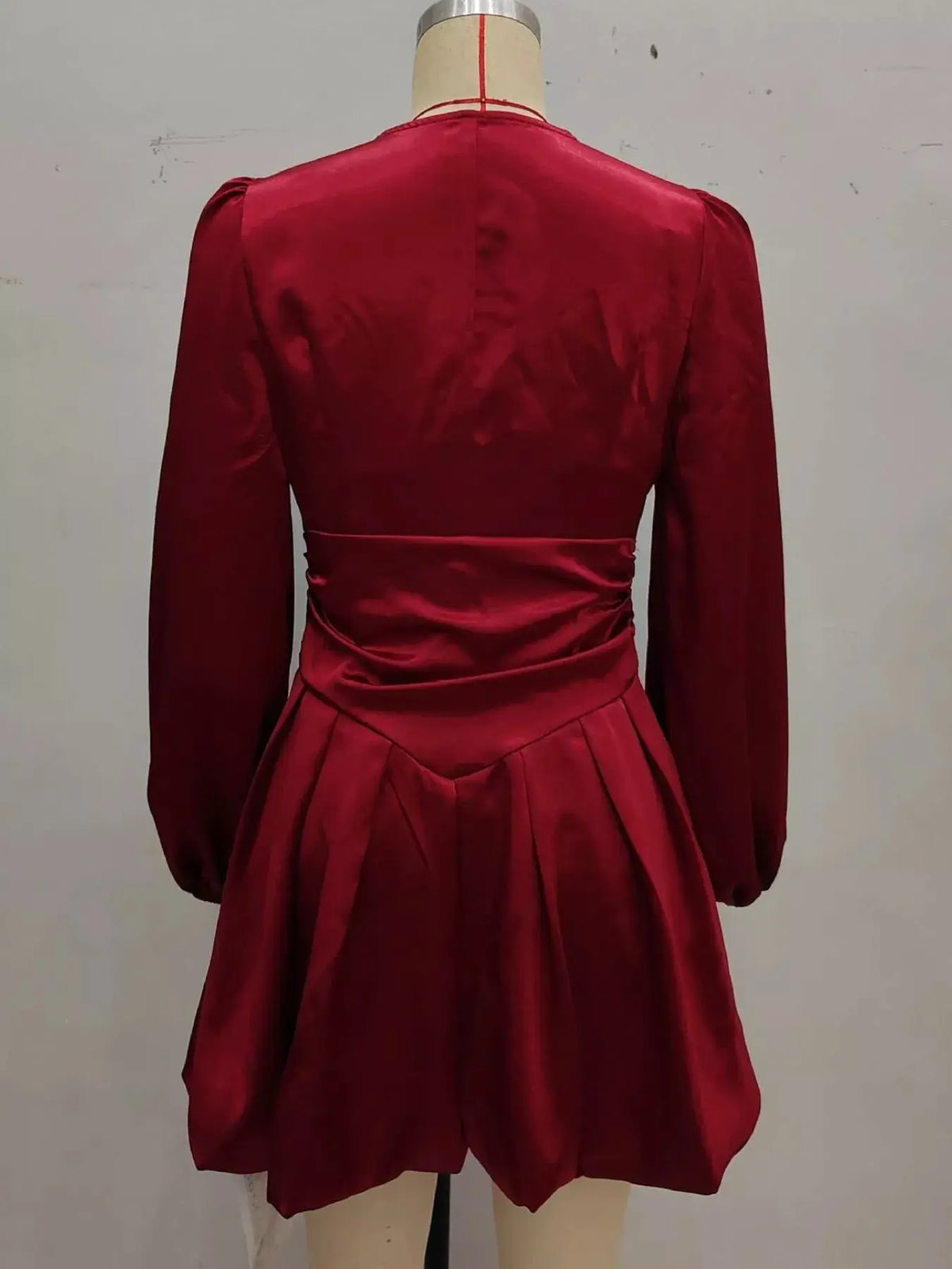 Ruched V-Neck Balloon Sleeve Dress by Trendsi