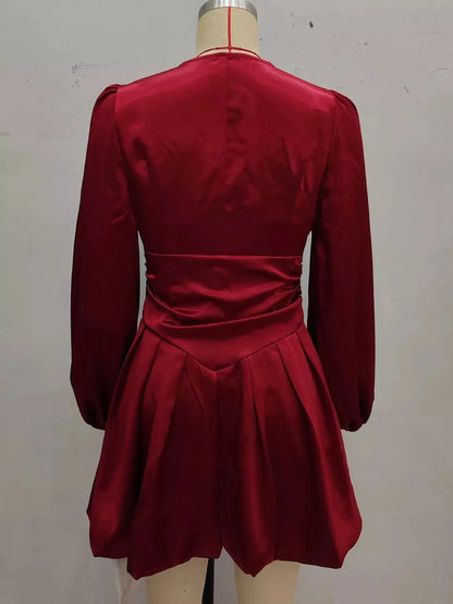 Ruched V-Neck Balloon Sleeve Dress by Trendsi