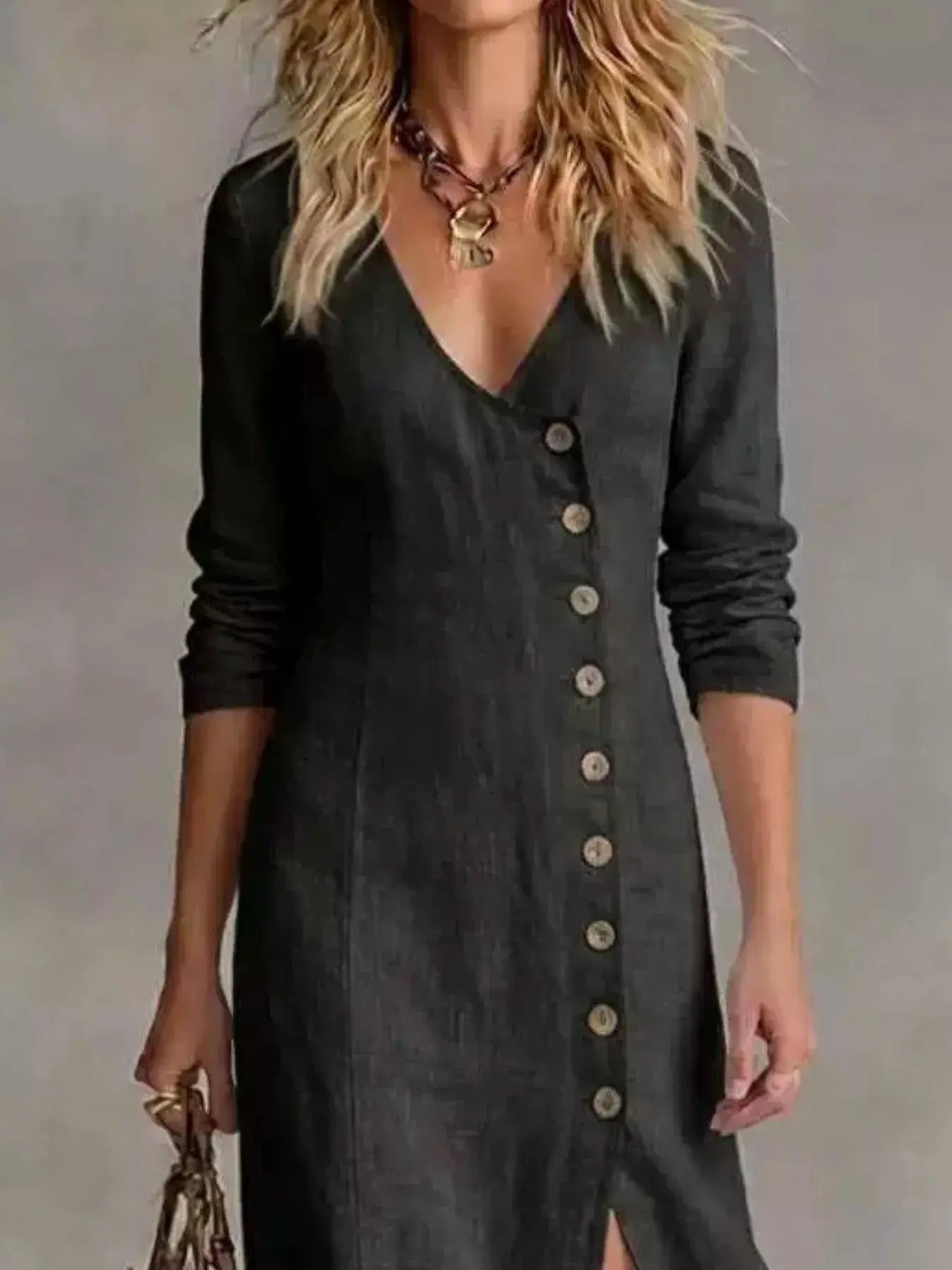 Slit Button-Down Midi Dress by Trendsi