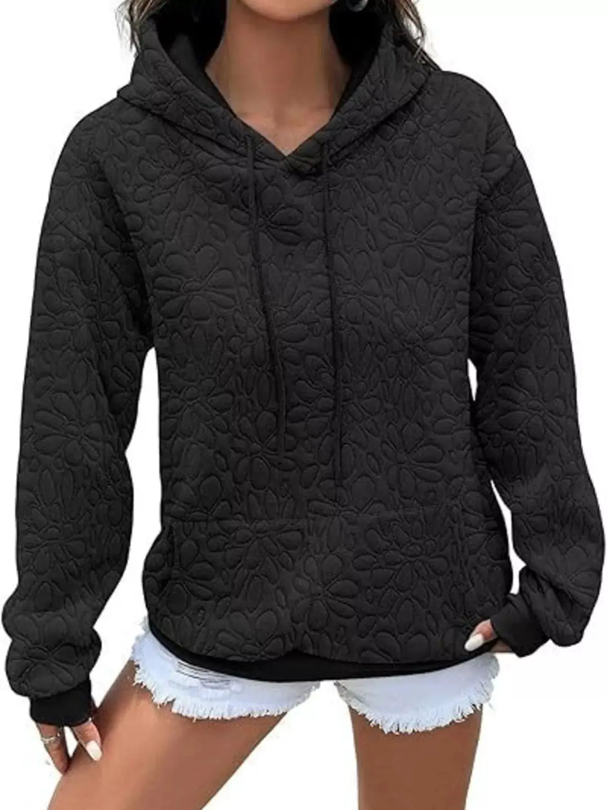 Textured Floral Embossed Drawstring Hoodie by Trendsi