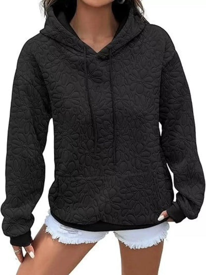 Textured Floral Embossed Drawstring Hoodie by Trendsi