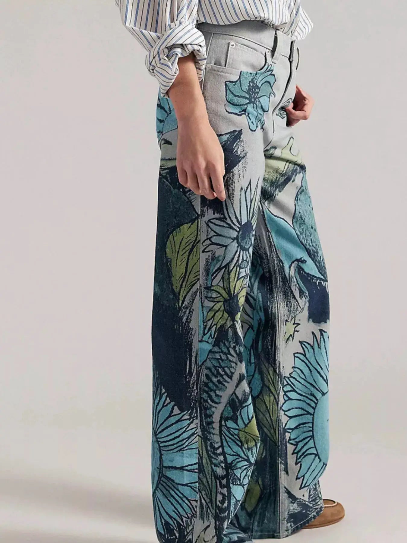 Printed Wide Leg Jeans by Trendsi
