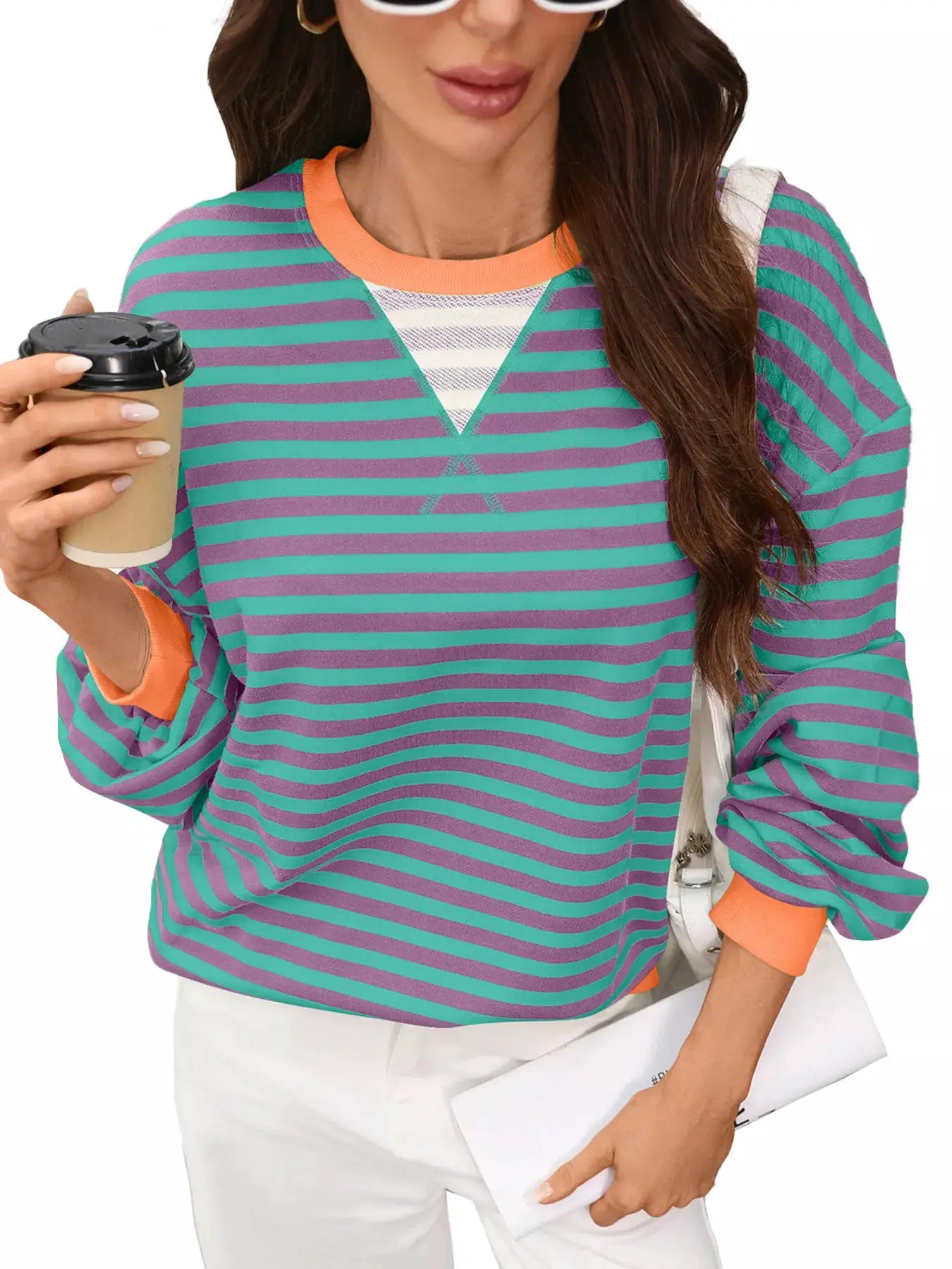 Contrast Trim Striped Crew Neck Sweatshirt by Trendsi
