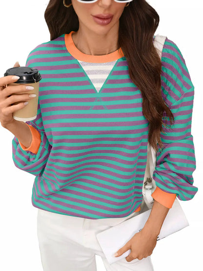 Contrast Trim Striped Crew Neck Sweatshirt by Trendsi