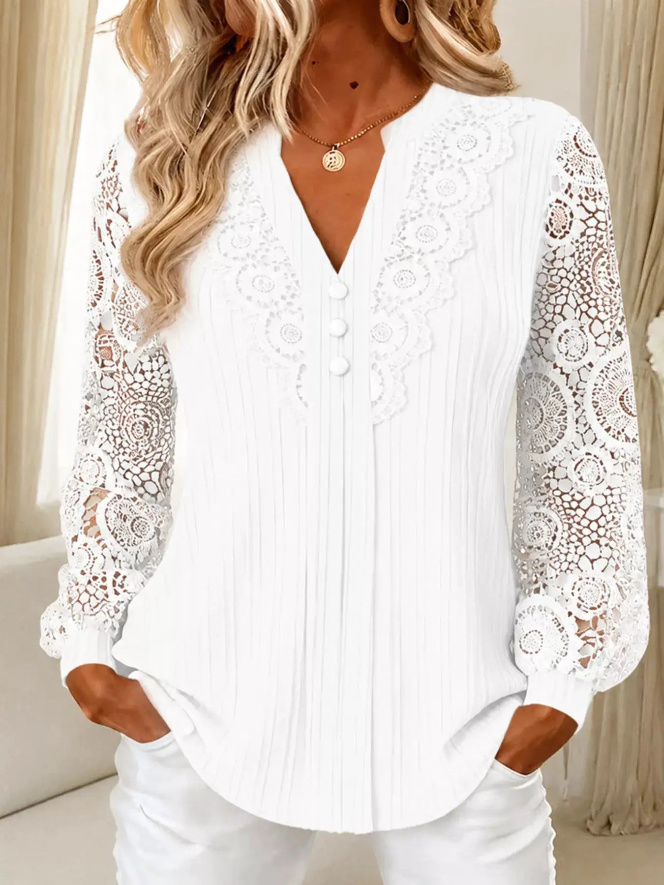 Lace Long Sleeve Notched Blouse by Trendsi