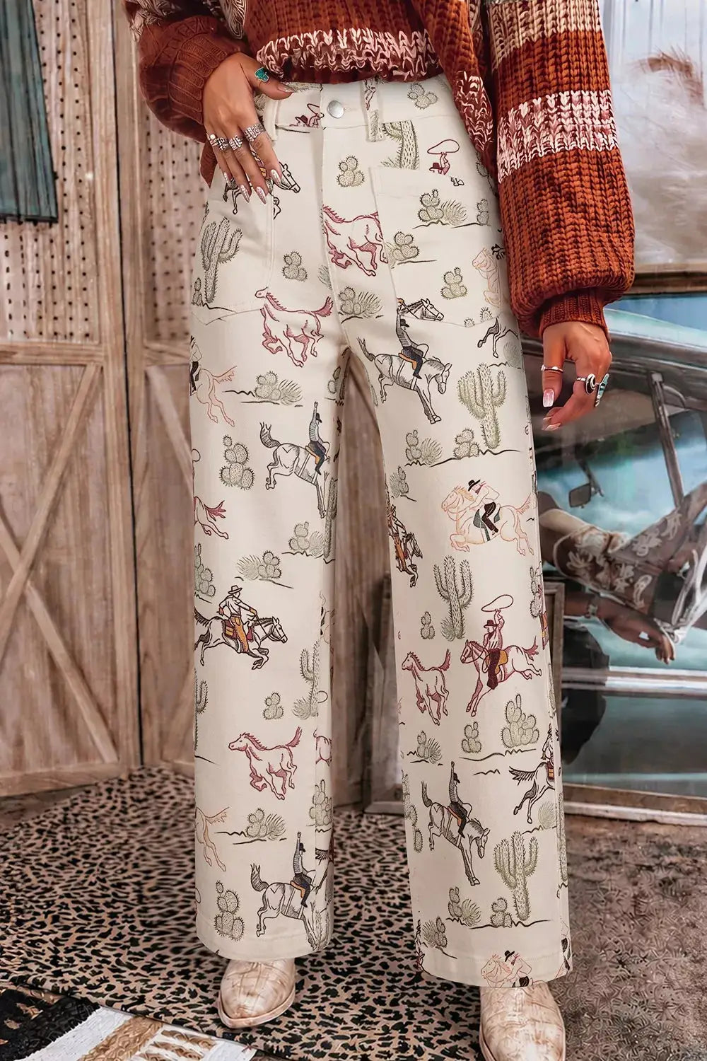 Western Print Straight Leg Ankle-Length Pocket Jeans by Trendsi