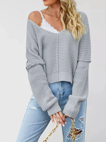 Waffle Knit Dropped Shoulder Sweater by Trendsi