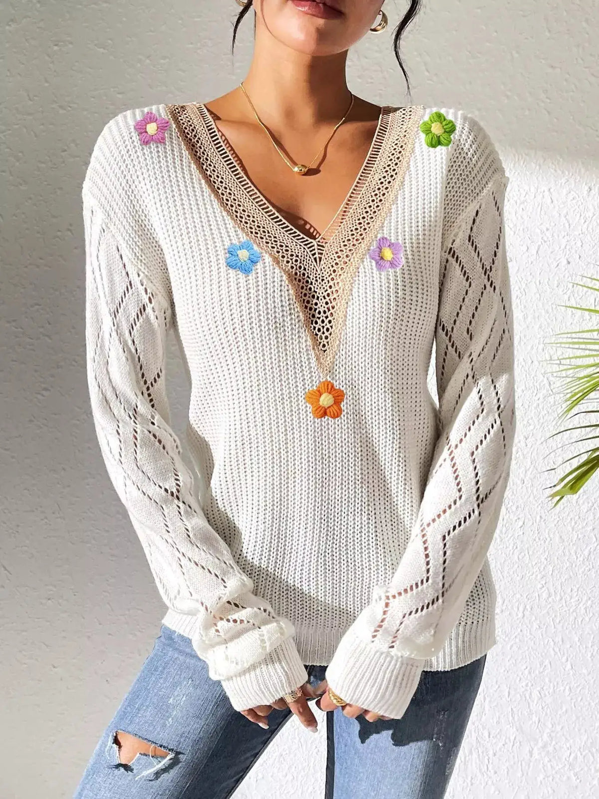 Floral Applique V-Neck Openwork Sweater by Trendsi