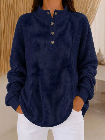 Full Size Waffle Knit Button Detail Sweatshirt Plus Size by Trendsi