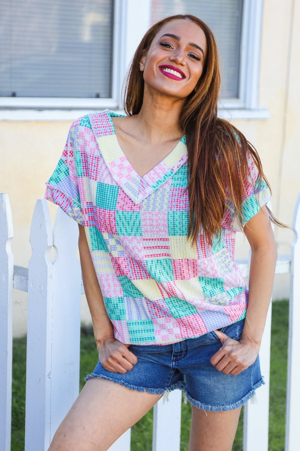 Easy Living Mint Patchwork Print Textured Knit V Neck Top - Bitsy Gypsy Boutique