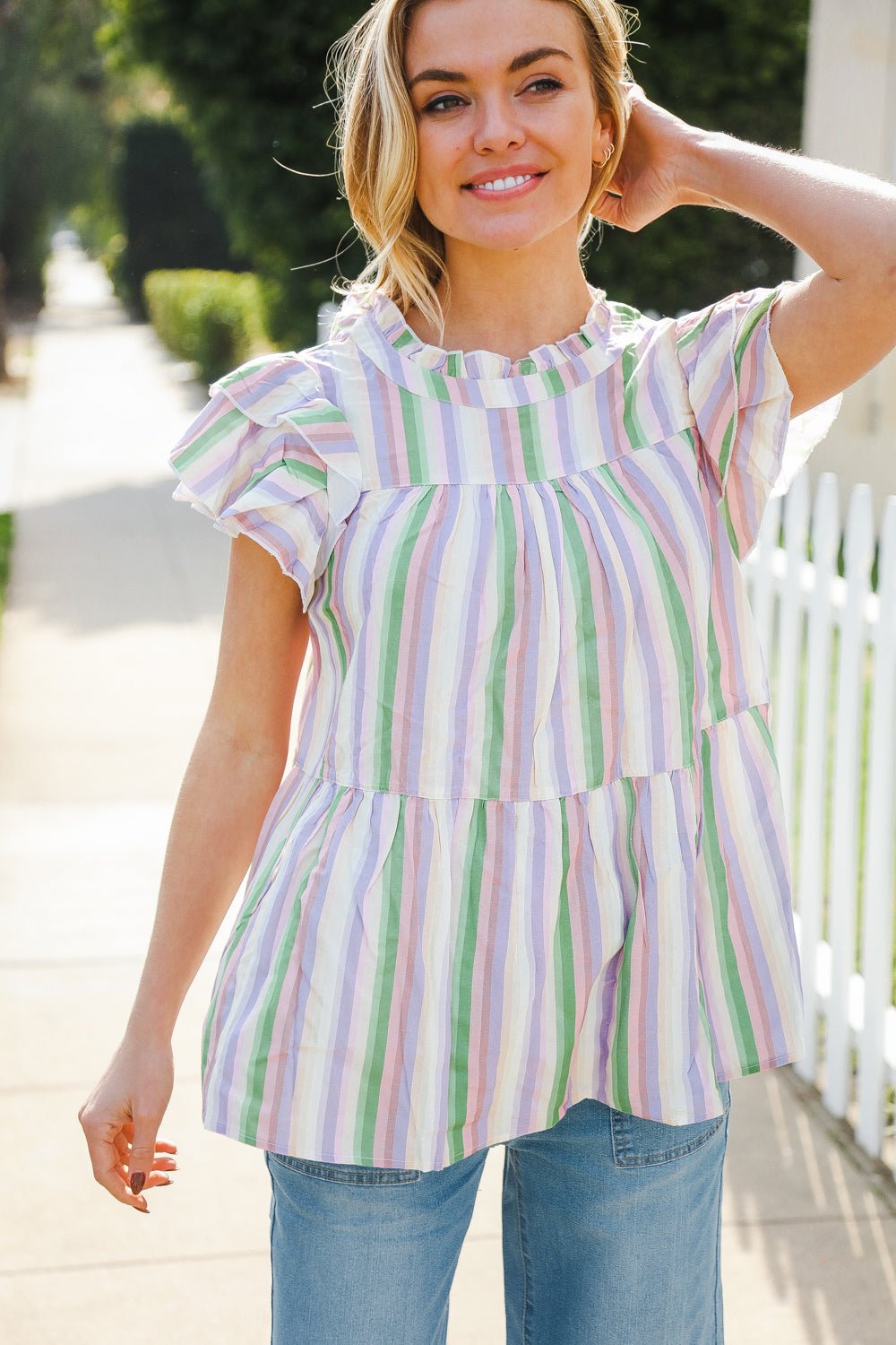 Easy To Love Lavender Stripe Double Ruffle Sleeve Tiered Top - Bitsy Gypsy Boutique