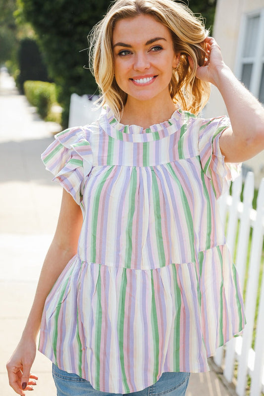 Easy To Love Lavender Stripe Double Ruffle Sleeve Tiered Top - Bitsy Gypsy Boutique