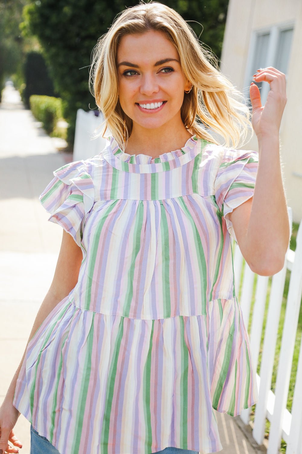 Easy To Love Lavender Stripe Double Ruffle Sleeve Tiered Top - Bitsy Gypsy Boutique