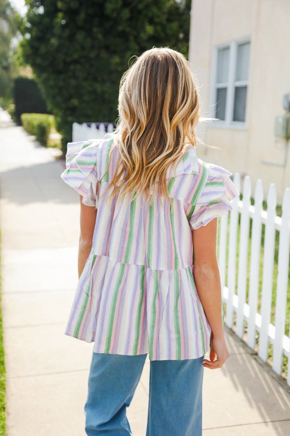 Easy To Love Lavender Stripe Double Ruffle Sleeve Tiered Top - Bitsy Gypsy Boutique