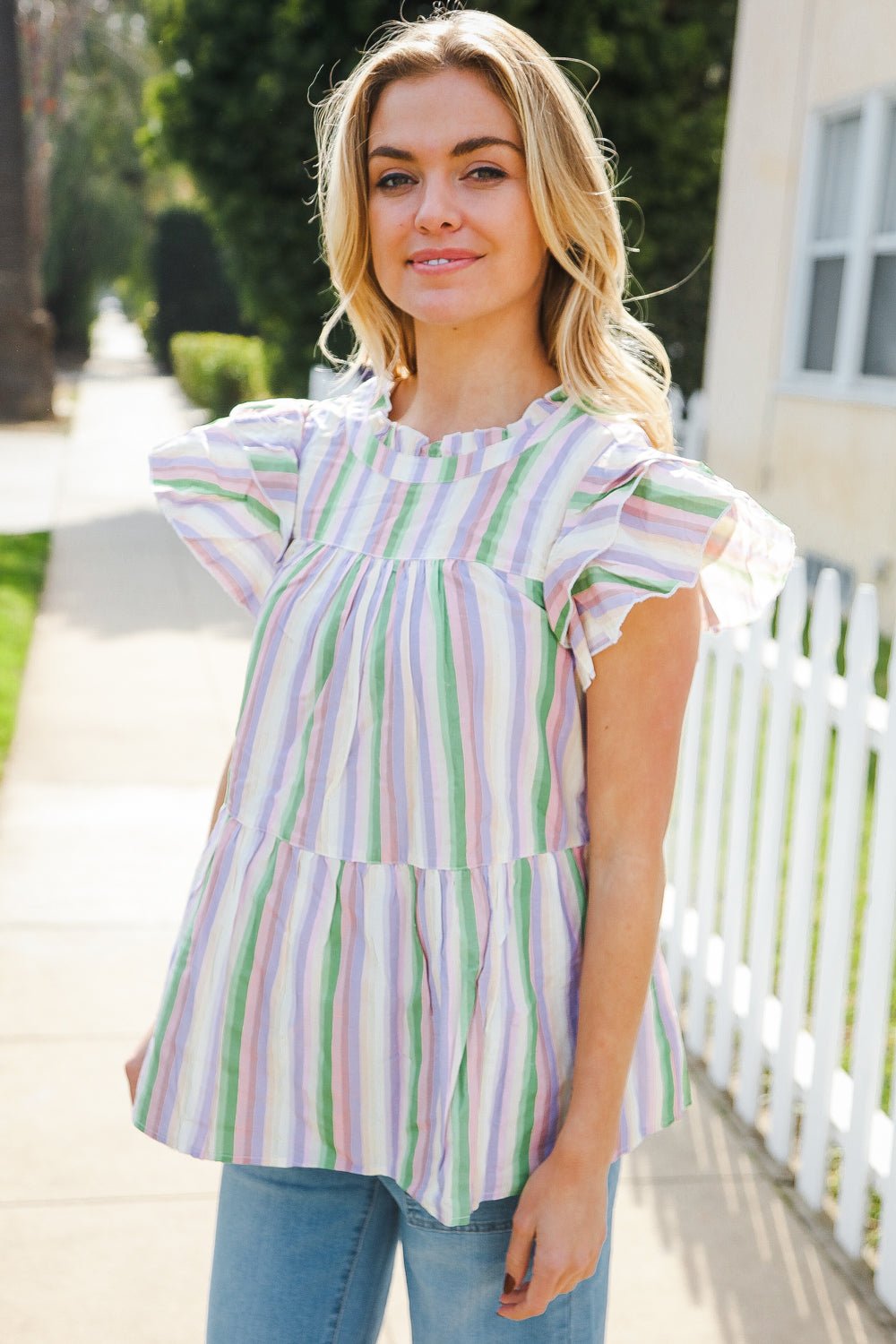 Easy To Love Lavender Stripe Double Ruffle Sleeve Tiered Top - Bitsy Gypsy Boutique