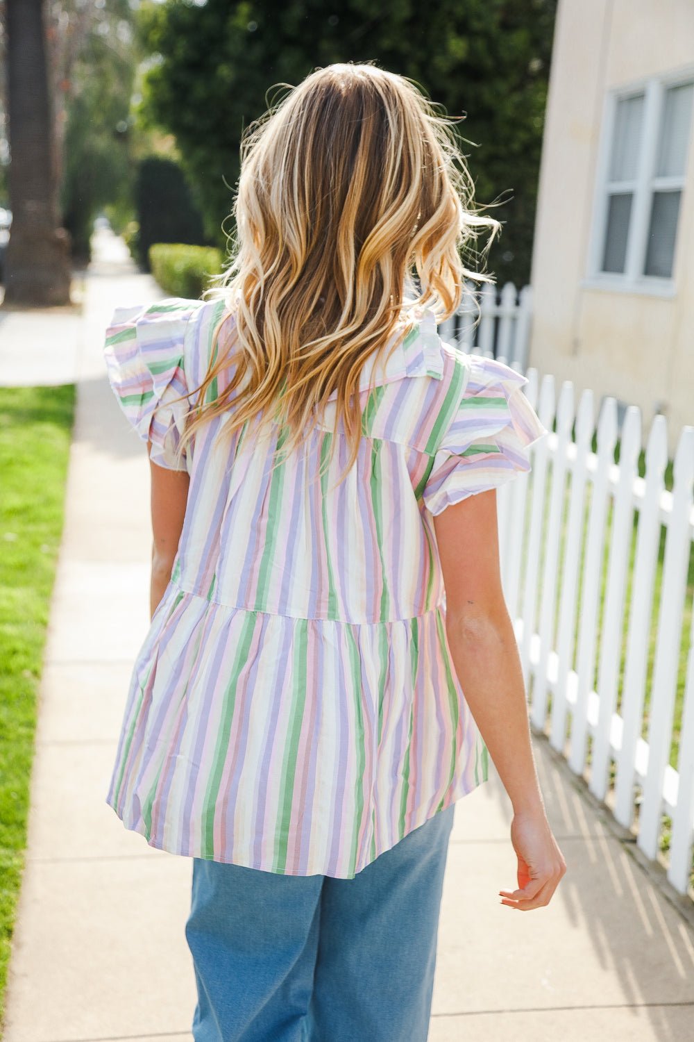 Easy To Love Lavender Stripe Double Ruffle Sleeve Tiered Top - Bitsy Gypsy Boutique