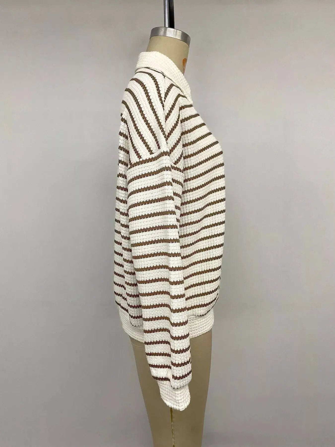Striped Polo Collar Knit Sweatshirt by Trendsi