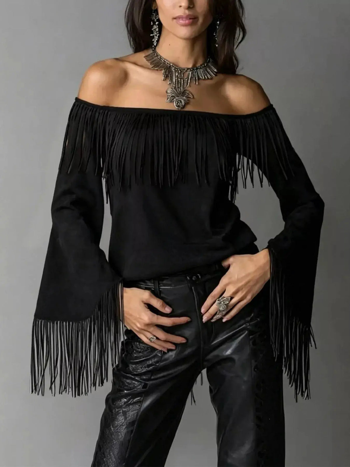 Full Size Fringed Off-Shoulder Flare Sleeve Top Plus Size by Trendsi