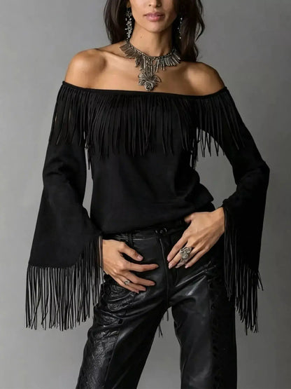 Full Size Fringed Off-Shoulder Flare Sleeve Top Plus Size by Trendsi