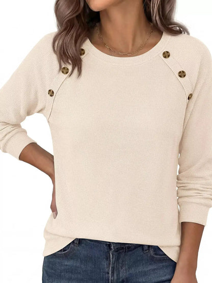 Decorative Button Waffle Knit Long Sleeve T-Shirt by Trendsi